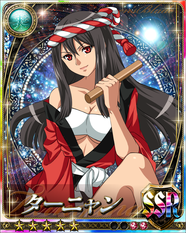 10s 1girl bare_legs blush breasts card_(medium) headband japanese_clothes large_breasts no_bra queen's_blade queen's_blade_rebellion red_eyes shiny shiny_skin smile solo taiko tarnyang_(queen's_blade)