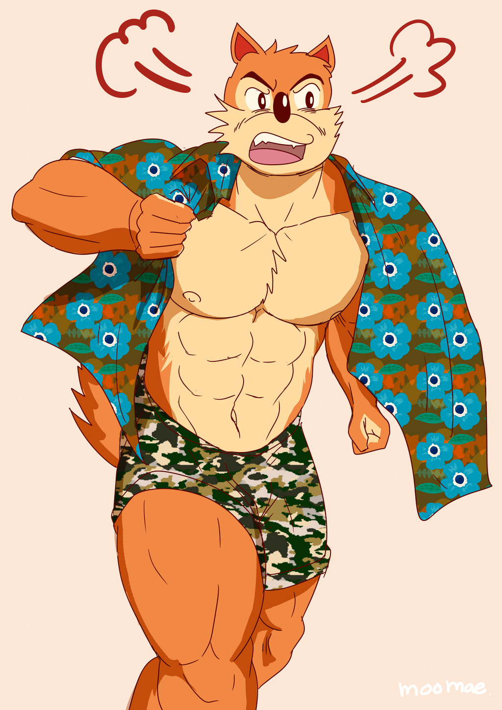 abs angry anthro brown_eyes camo canine chest_tuft clothing male mammal moomae_(artist) muscular muscular_male nipples shirt shorts tuft wolf wuffle