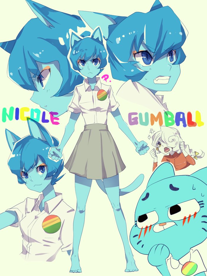anthro blue_eyes blue_fur blush cartoon_network cat clothed clothing english_text feline female fur hair mammal mature_female mother name nicole_watterson parent puns_(artist) skirt solo sweat teeth text the_amazing_world_of_gumball