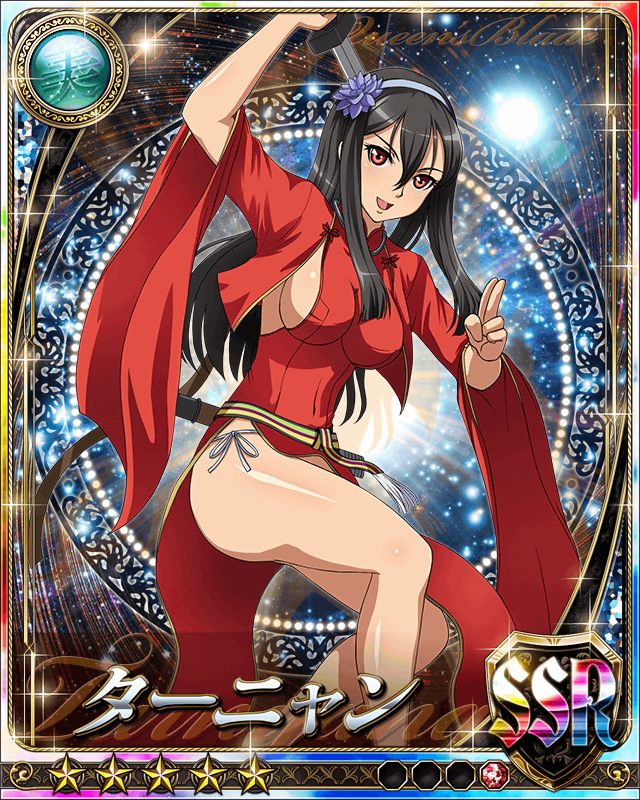 10s 1girl bare_legs blush breasts card_(medium) chinese_clothes curvy dress large_breasts queen's_blade queen's_blade_rebellion red_eyes shiny shiny_skin smile solo sword tarnyang_(queen's_blade) thong weapon