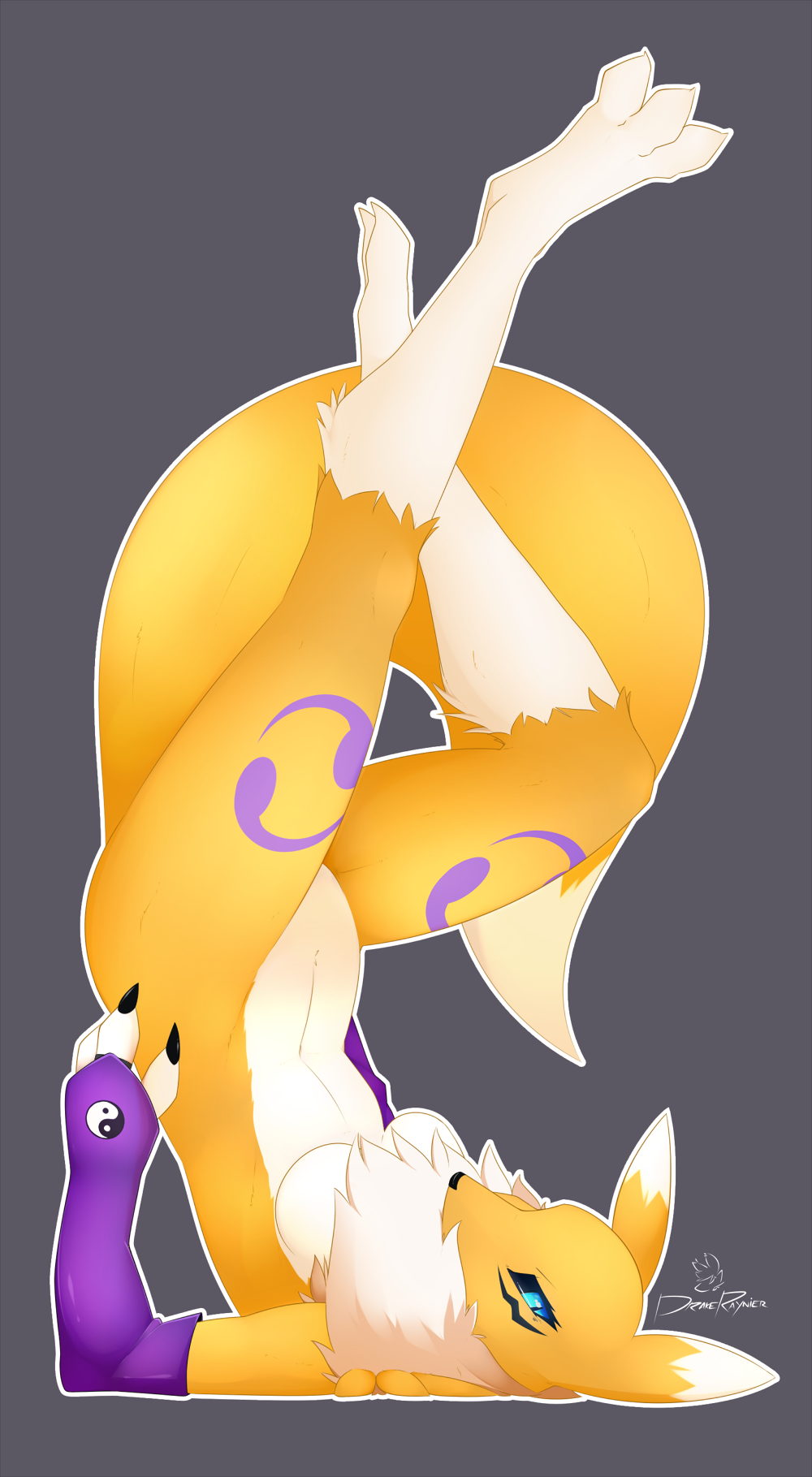 2017 anthro armwear black_sclera blue_eyes breasts bridal_gauntlets canine claws clothing digimon dipstick_tail drakeraynier english_text featureless_breasts featureless_crotch female fox fur grey_background hi_res mammal markings mostly_nude multicolored_tail purple_markings renamon signature simple_background solo text tuft upside_down white_fur yellow_fur