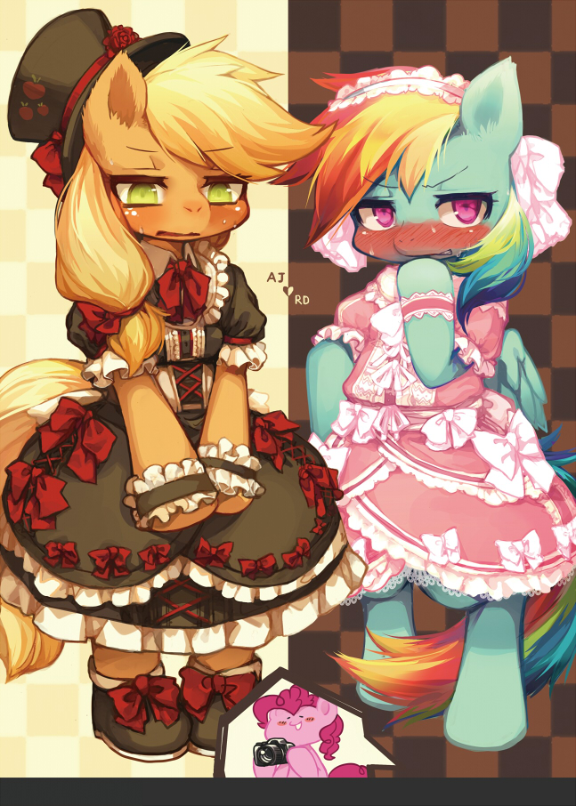 2013 anthro applejack_(mlp) black_clothing blue_fur blush bow camera checkered_background clothed clothing dress duo_focus embarrassed equine female footwear friendship_is_magic frilly frown fully_clothed fur green_eyes group hair hat headwear heavy_blush horse kemono kishibe lolita_(fashion) looking_at_viewer mammal my_little_pony open_mouth orange_fur pattern_background pink_clothing pink_eyes pink_fur pinkie_pie_(mlp) pony rainbow_dash_(mlp) shoes simple_background smile standing sweat top_hat wings