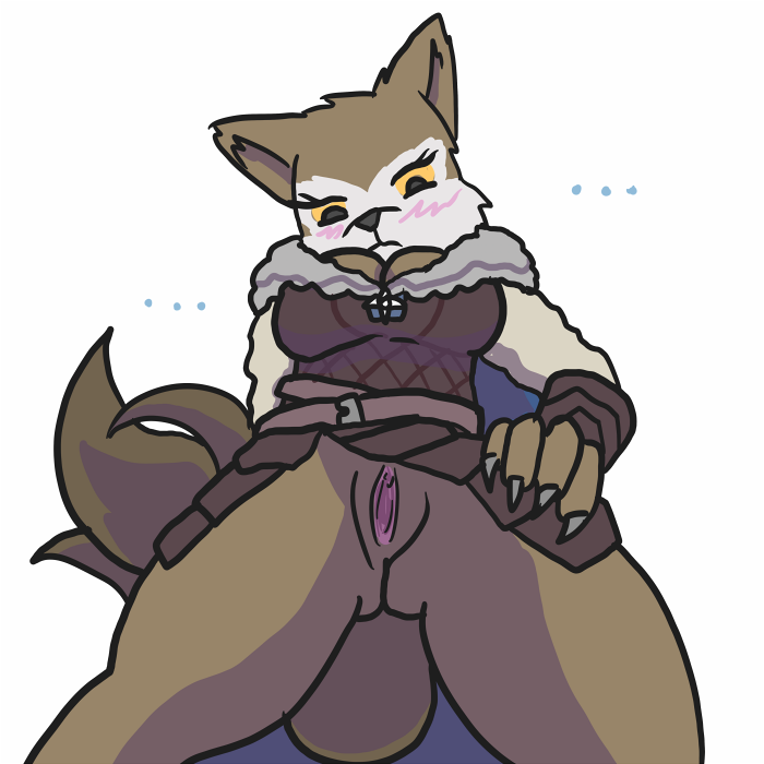 ... anthro armello armor blush bottomless breasts canine cleavage clothed clothing female looking_at_viewer looking_down low-angle_view mammal presenting presenting_pussy pussy river_(armello) solo unknown_artist wolf worm's-eye_view yellow_sclera