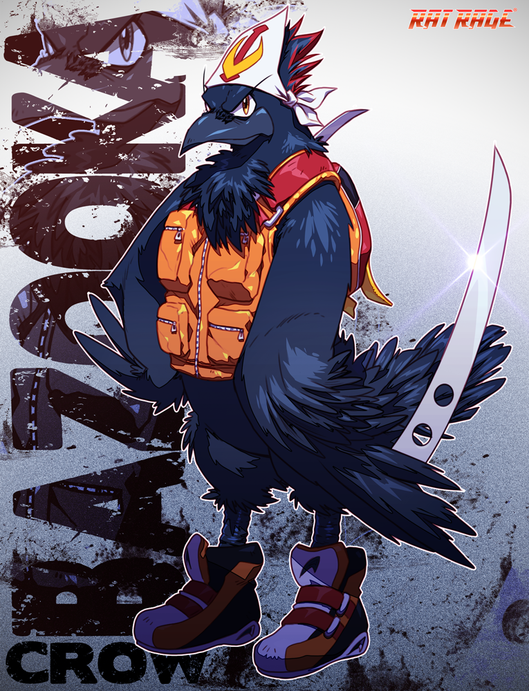 anthro avian bazooka_crow bird black_feathers clothed clothing corvid crow english_text feathers footwear jacket looking_at_viewer male melee_weapon robaato scarf shoes solo standing sword text weapon yellow_eyes