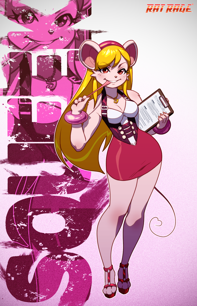 &lt;3 4_fingers anthro blonde_hair bracelet breasts chart clothed clothing eating english_text eyelashes female footwear fur hair hairband high_heels jewelry mammal mouse necklace pink_fur red_eyes robaato rodent shoes solo squeek text