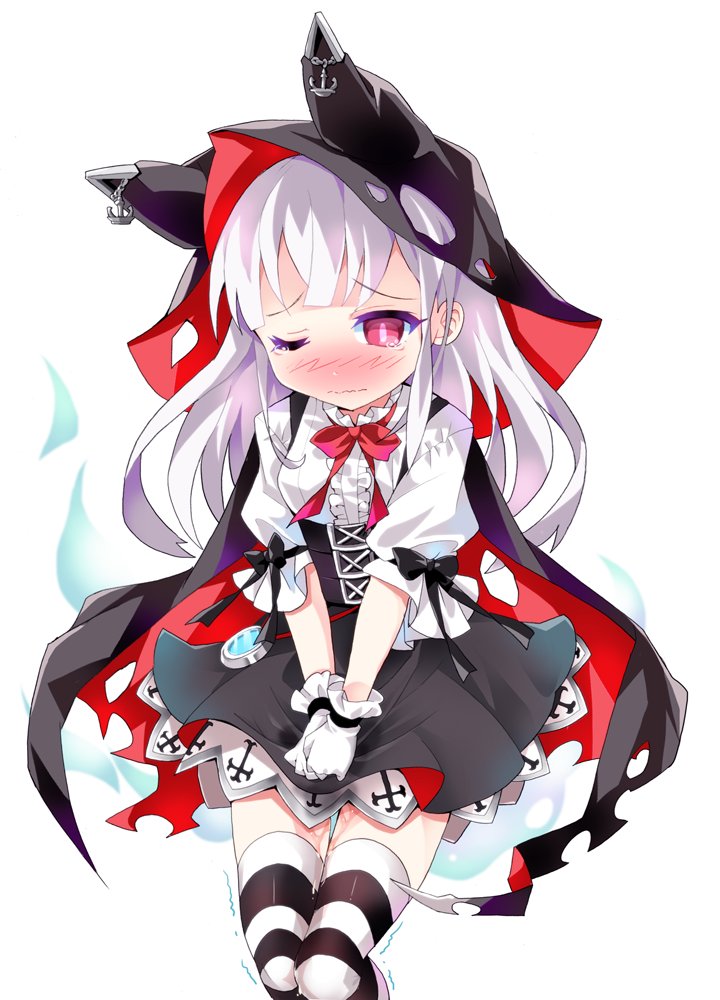 anchor_symbol azur_lane bangs black_cape black_shirt blush bow bowtie breasts cape closed_mouth embarrassed erebus_(azur_lane) eyebrows_visible_through_hair female frilled_shirt frills gloves half-closed_eye hands_together have_to_pee hooded_cape jpeg_artifacts legs_together looking_down miniskirt nose_blush one_eye_closed peeing peeing_self ratryu red_eyes red_neckwear red_ribbon ribbon shirt simple_background skirt small_breasts solo standing striped striped_legwear tears thigh_gap thighhighs torn_cape torn_clothes trembling v_arms wavy_mouth wet wet_clothes white_background white_gloves white_shirt zettai_ryouiki