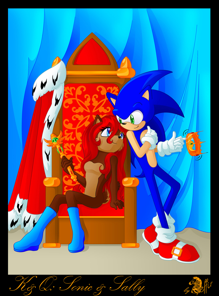 anthro blue_eyes blue_fur boots breasts brown_fur chair chipmunk clothing crown cute duo featureless_breasts female footwear fur green_eyes hair hedgehog king long_hair male male/female mammal mostly_nude queen red_hair rodent romantic_couple royalty sally_acorn smile sonic_(series) sonic_the_hedgehog throne zeffirdreamer