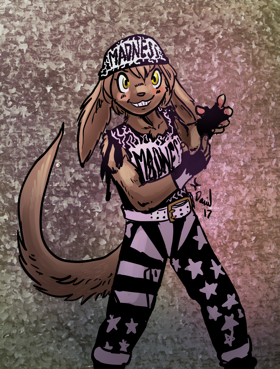 anthro bandanna basitin blush brown_fur clothing female fur gloves macho_madness macho_man_randy_savage madelyn_adelaide p5ych pants sleeveless smile solo the_cream twokinds yellow_eyes