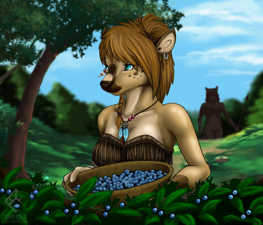 anthro berry breasts canine cervine cleavage clothed clothing deer detailed_background duo dyani feathers female food fruit jewelry mammal melee_weapon necklace outside piercing polearm skyler-ragnarok solo_focus spear tree tribal weapon wolf