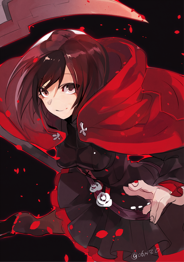 1girl black_background black_dress breasts brown_eyes brown_hair cape dress eyebrows_visible_through_hair flower hyakuhachi_(over3) looking_at_viewer medium_breasts red_cape red_flower red_rose rose ruby_rose rwby short_dress short_hair smile solo standing