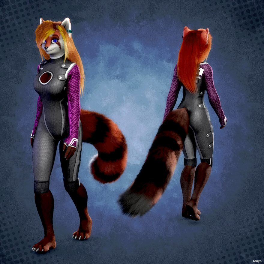 2017 animated anthro big_breasts black_nose blonde_hair blue_eyes breasts catherine_(alpha-wolf) clothing ear_tag female flash hair jumpsuit long_tail looking_at_viewer mammal multicolored_hair no_sound red_hair red_panda smile solo two_tone_hair uniform walk_cycle zorryn