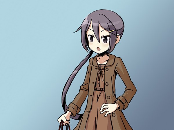adrian_ferrer akebono_(kantai_collection) brown_coat coat gradient gradient_background grey_eyes hair_ornament hairclip hand_on_hip kantai_collection long_hair open_mouth purple_hair side_ponytail solo very_long_hair