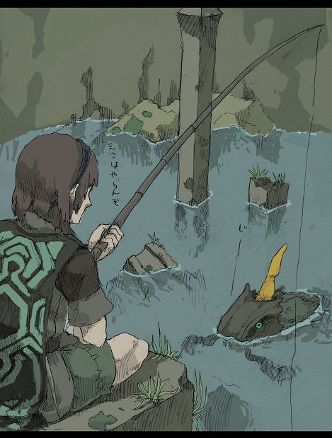 bad_id bad_pixiv_id brown_hair colossus degite fishing hydrus male_focus shadow_of_the_colossus short_hair surcoat wander