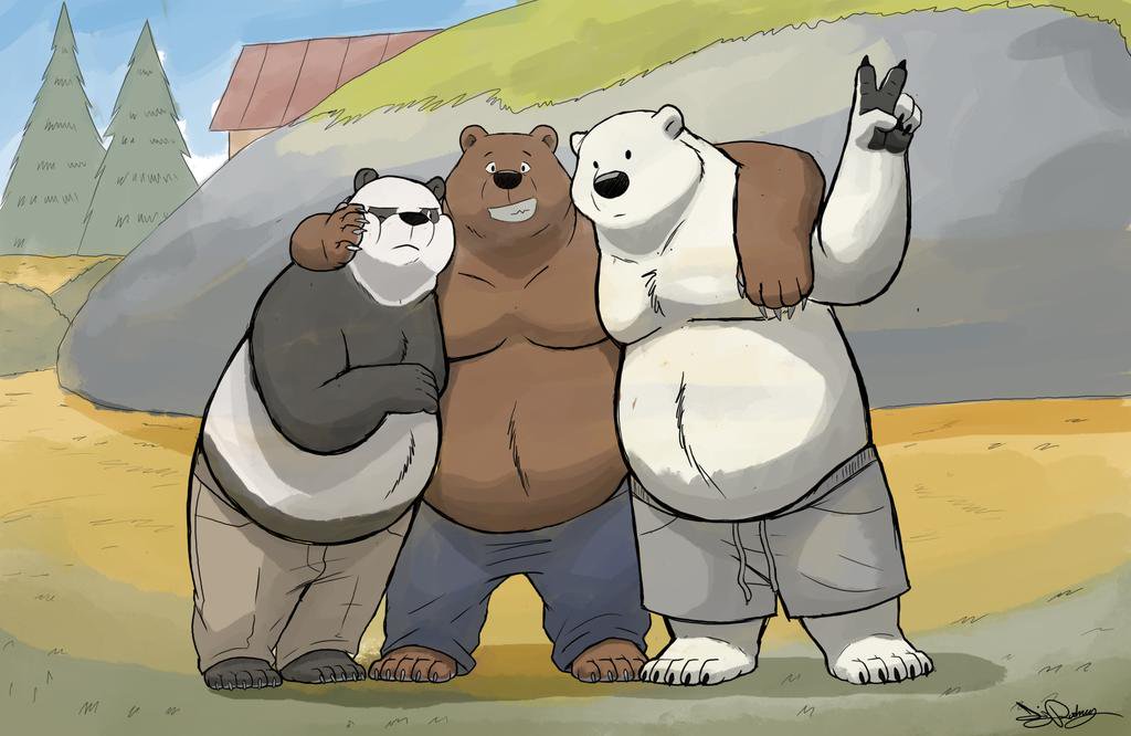 anthro bear cartoon_network grizzly_(character) grizzly_bear hug ice_bear mammal outside panda panda_(character) polar_bear rodney_bear we_bare_bears