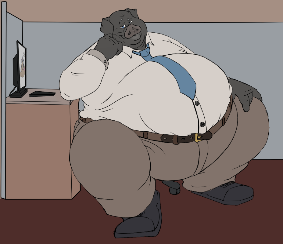 belly clothed clothing dirtymutt looking_at_viewer male mammal morbidly_obese obese office overweight pig porcine sitting solo