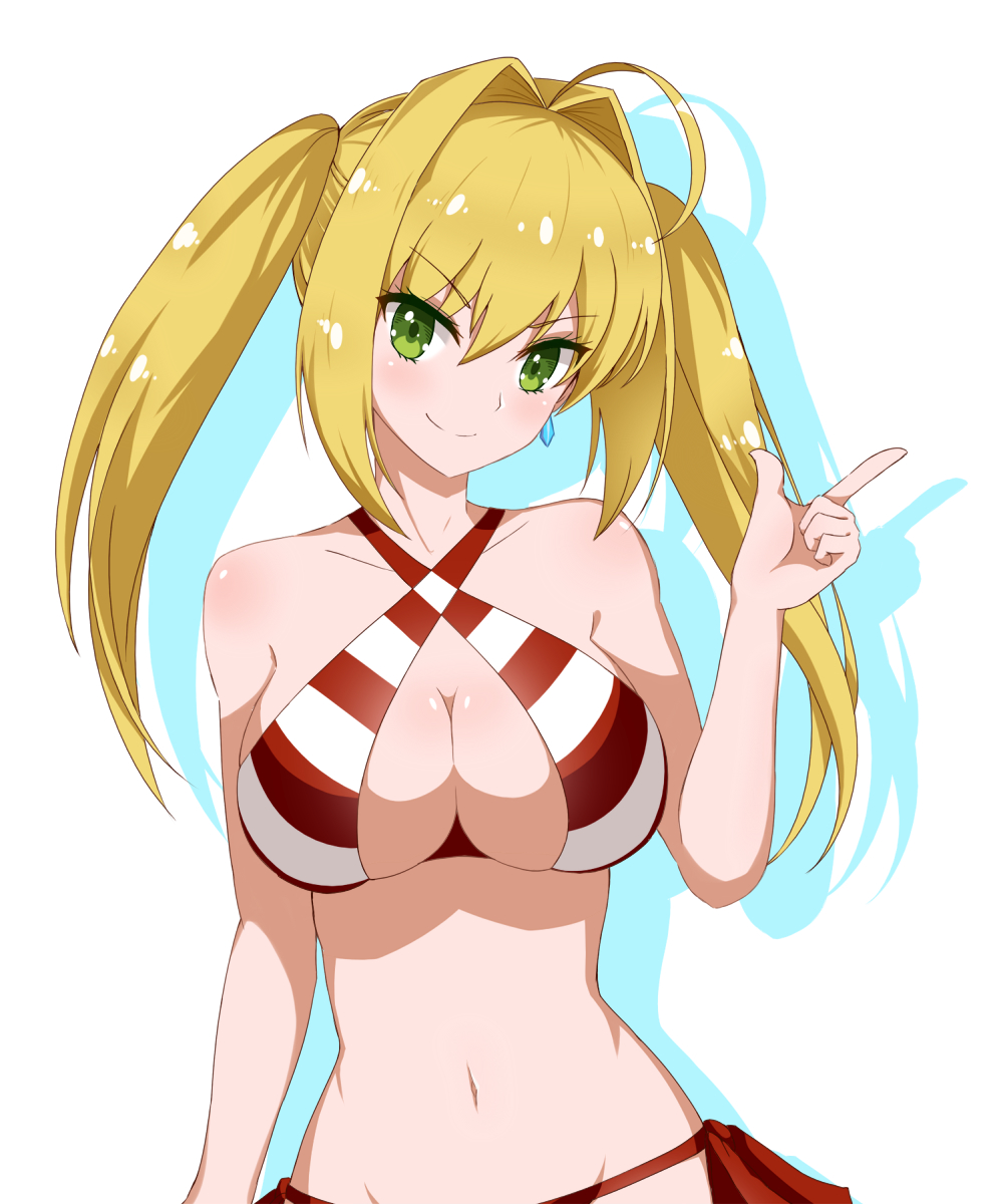 &gt;:) 1girl ahoge arm_at_side bangs bare_arms bare_shoulders bikini blonde_hair blue_background blush breasts cleavage closed_mouth collarbone criss-cross_halter earrings fate/grand_order fate_(series) green_eyes hair_intakes halterneck head_tilt highres index_finger_raised jewelry large_breasts long_hair looking_at_viewer navel nero_claudius_(fate) nero_claudius_(fate)_(all) nero_claudius_(swimsuit_caster)_(fate) red_bikini s1145 side-tie_bikini smile smug solo stomach striped striped_bikini swimsuit twintails two-tone_background upper_body v-shaped_eyebrows white_background