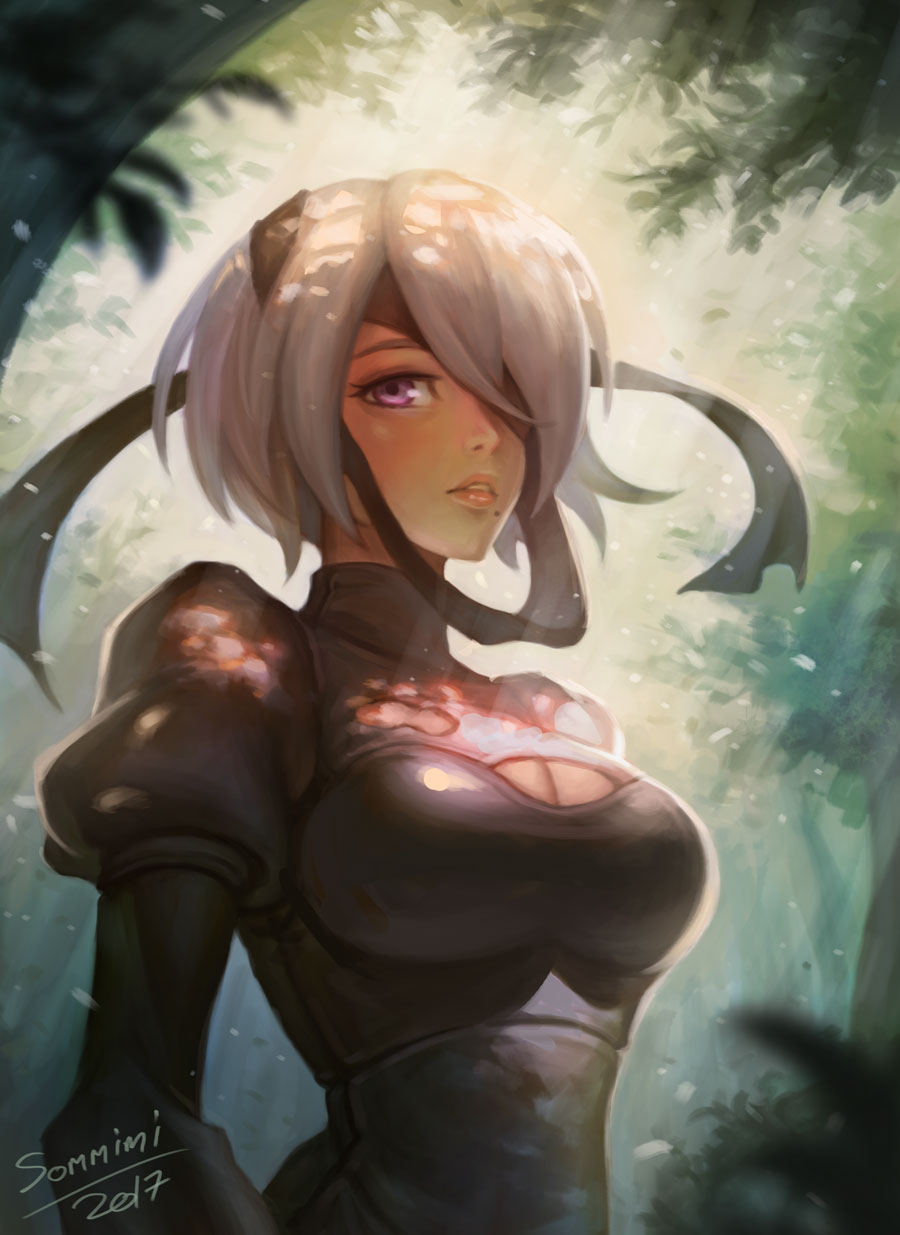2017 artist_name black_dress blindfold blindfold_down blindfold_slip breasts cleavage cleavage_cutout dated dress hairband highres large_breasts light_rays looking_at_viewer nier_(series) nier_automata one_eye_covered puffy_sleeves silver_hair solo sommimi sunlight upper_body yorha_no._2_type_b