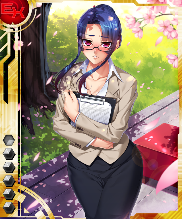 1girl bangs blue_hair blush breasts card_(medium) cherry_blossoms cleavage clipboard eyebrows_visible_through_hair female formal glasses grass highres holding kagami_hirotaka large_breasts long_hair looking_at_viewer outdoors pencil_skirt petals ponytail red_eyes shiny_skin skirt solo suit taimanin_(series) taimanin_asagi taimanin_asagi_battle_arena teacher tied_hair tree yatsu_murasaki