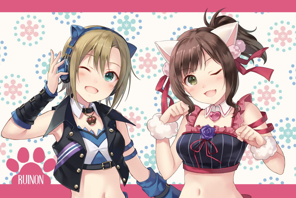 ;3 ;d animal_ears asterisk_(idolmaster) blush brown_hair cat_ear_headphones cat_ears circle_name crop_top cropped_jacket crown detached_collar fang flower fukahire_(ruinon) green_hair hand_on_headphones headphones idolmaster idolmaster_cinderella_girls jacket jewelry light_brown_hair maekawa_miku midriff multiple_girls navel necklace one_eye_closed open_clothes open_jacket open_mouth over_the_collar paw_pose paw_print ponytail sidelocks sleeveless_jacket smile tada_riina