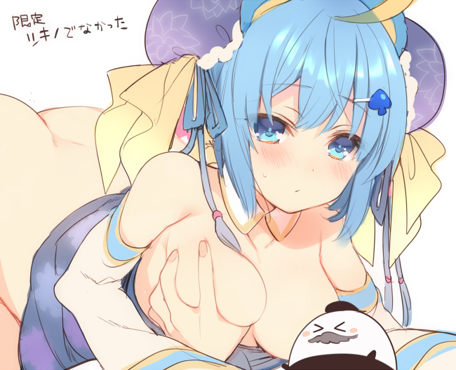 all_fours ass bangs blue_eyes blue_hair blush bottomless breast_grab breasts butt_crack censored character_censor closed_mouth convenient_censoring detached_collar detached_sleeves dimples_of_venus double_bun eyebrows_visible_through_hair grabbing hair_ornament hairclip large_breasts looking_at_viewer mayachi_(amuriya) novelty_censor out_of_frame pursed_lips show_by_rock!! sidelocks solo_focus spade_hair_ornament tsukino_(show_by_rock!!)