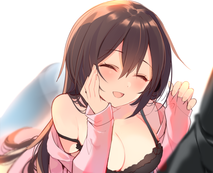 :d ^_^ bare_shoulders blurry blush breasts brown_hair cardigan chin_rest cleavage closed_eyes depth_of_field eyebrows eyebrows_visible_through_hair hair_between_eyes head_tilt long_sleeves mayachi_(amuriya) medium_breasts open_cardigan open_clothes open_mouth original simple_background sleeves_past_wrists smile solo_focus strap_slip white_background