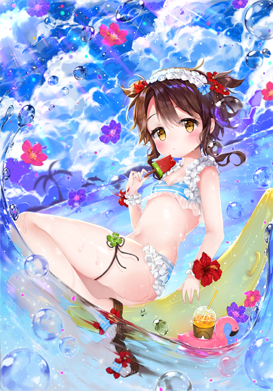 bangs bikini bird blue_bikini blue_sky blush breasts brown_hair closed_mouth cloud cloudy_sky commentary_request day drink dutch_angle flamingo food frilled_bikini frilled_hairband frills hair_between_eyes hairband holding holding_food horizon inflatable_raft lib looking_at_viewer navel ocean outdoors popsicle short_hair sita_vilosa sitting sky small_breasts solo striped striped_bikini swimsuit sword_girls thighs two_side_up water water_drop watermelon_bar wavy_hair