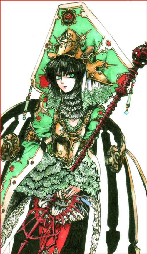 bad_id bad_pixiv_id black_hair dress gothic green_eyes hat kisaco_a lace lance lipstick makeup polearm seth_nightroad short_hair simple_background solo standing thighhighs trinity_blood weapon