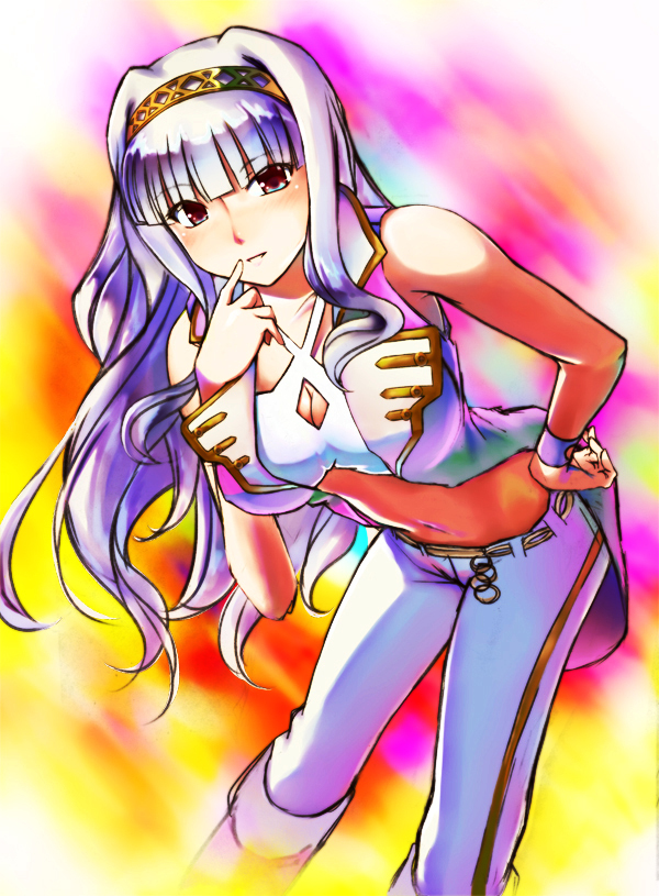 bent_over breasts cleavage emanon123 finger_to_mouth grey_hair hairband hand_on_hip idolmaster idolmaster_(classic) large_breasts long_hair midriff navel pants pink_diamond_765 red_eyes shijou_takane solo wristband