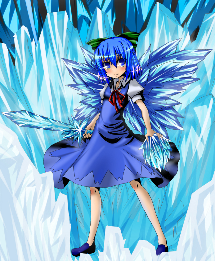 blue_eyes blue_hair blush byoubyou cirno crystal_sword ice short_hair smile solo sword touhou weapon