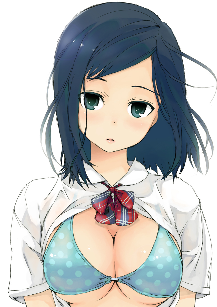 aqua_eyes bikini bikini_top bikini_under_clothes black_hair blue_eyes breasts cleavage face head_tilt highres large_breasts lips looking_at_viewer maeda_risou neck_ribbon open_clothes open_mouth open_shirt original polka_dot polka_dot_bikini polka_dot_swimsuit ribbon school_uniform shirt short_hair simple_background solo swimsuit swimsuit_under_clothes undersized_clothes white_background