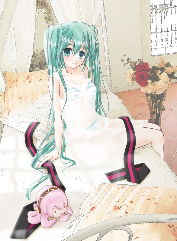 aqua_eyes aqua_hair arm_support bra chemise hatsune_miku image_sample kuryuu lingerie long_hair megurine_luka panties pixiv_sample ribbon see-through sitting smile solo striped striped_bra striped_panties takoluka twintails underwear very_long_hair vocaloid