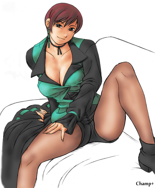 breasts brown_eyes brown_hair champ+ cleavage couch earrings jewelry large_breasts legwear_under_shorts pantyhose seductive_smile short_hair shorts smile solo spread_legs the_king_of_fighters thighs vice