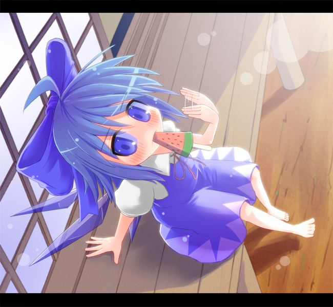 barefoot blue_eyes blue_hair blush bow cirno food hair_bow hot letterboxed md5_mismatch mouth_hold popsicle razy_(skuroko) short_hair sitting solo touhou veranda watermelon_bar wings
