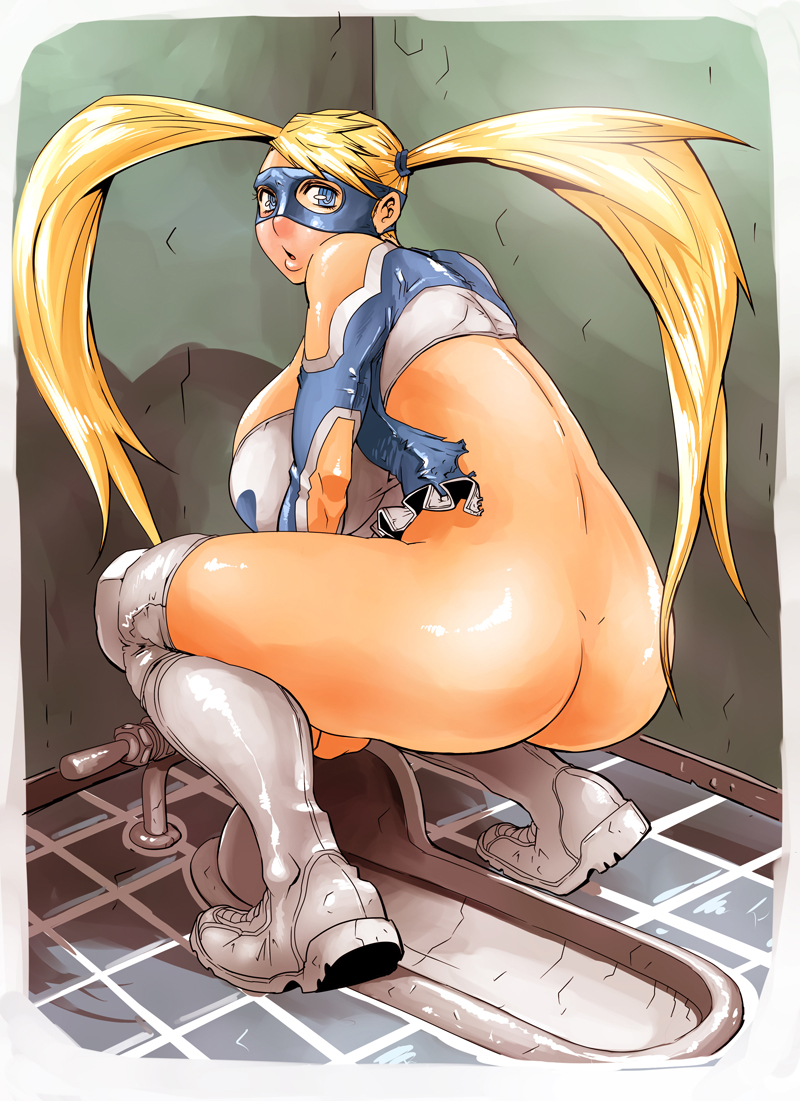 :o ass blonde_hair blue_eyes boots bottomless breasts butcherboy capcom huge_breasts long_hair looking_back mask rainbow_mika scared sideboob solo squat_toilet squatting street_fighter street_fighter_zero_(series) thigh_boots thighhighs toilet torn_clothes twintails