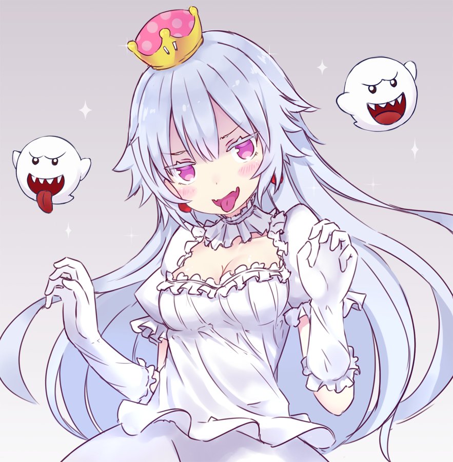 1girl bangs boo breasts choker cleavage collar commentary_request crown dress frilled_choker frilled_collar frilled_dress frilled_gloves frills ghost_pose gloves grey_background light_blush long_hair looking_at_viewer luigi's_mansion medium_breasts mini_crown open_mouth pale_skin princess_king_boo purple_eyes purple_tongue sharp_teeth shuuichi_(gothics) simple_background smile solo sparkle standing super_crown teeth tilted_headwear tongue tongue_out w_arms white_choker white_dress white_gloves white_hair