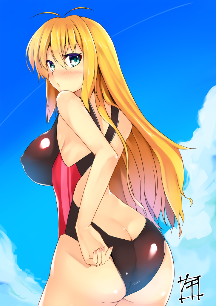 adjusting_clothes adjusting_swimsuit antenna_hair ass back bangs blonde_hair blush breasts butt_crack competition_swimsuit covered_nipples day erect_nipples from_behind green_eyes hair_between_eyes large_breasts long_hair looking_at_viewer looking_back minase_nagi nail_polish nose_blush one-piece_swimsuit outdoors pink_nails sky solo swimsuit tsurumaki_maki very_long_hair voiceroid