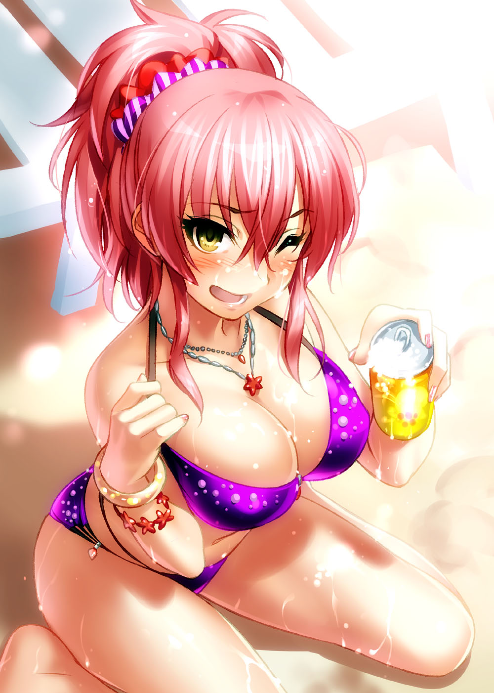 ;d beach bikini blush bracelet breasts can chair cleavage eyebrows_visible_through_hair from_above hair_between_eyes hair_ornament hair_scrunchie highres idolmaster idolmaster_cinderella_girls jewelry jougasaki_mika large_breasts lounge_chair multi-strapped_bikini nail_polish necklace one_eye_closed open_mouth outdoors pink_hair ponytail purple_bikini sand scrunchie smile soda_can solo striped striped_scrunchie sunlight swimsuit wet yellow_eyes zen