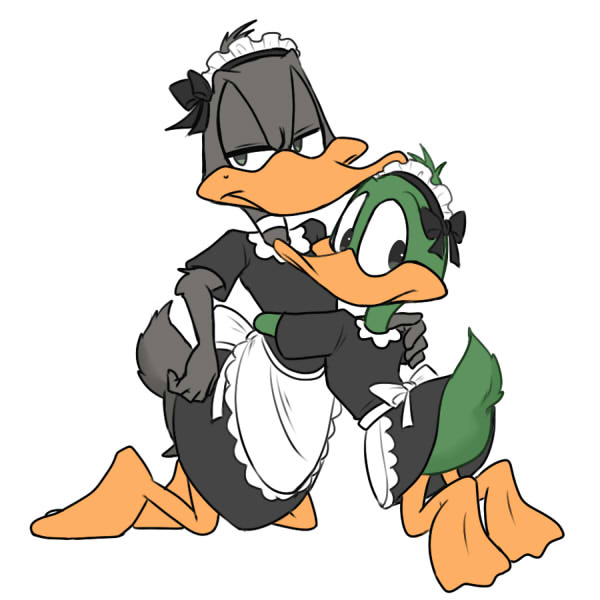 anthro avian bird clothed clothing crossdressing daffy_duck duck duo feathers girly looking_at_viewer looney_tunes maid_uniform male plucky_duck simple_background tiny_toon_adventures uniform warner_brothers webbed_feet white_background zehn