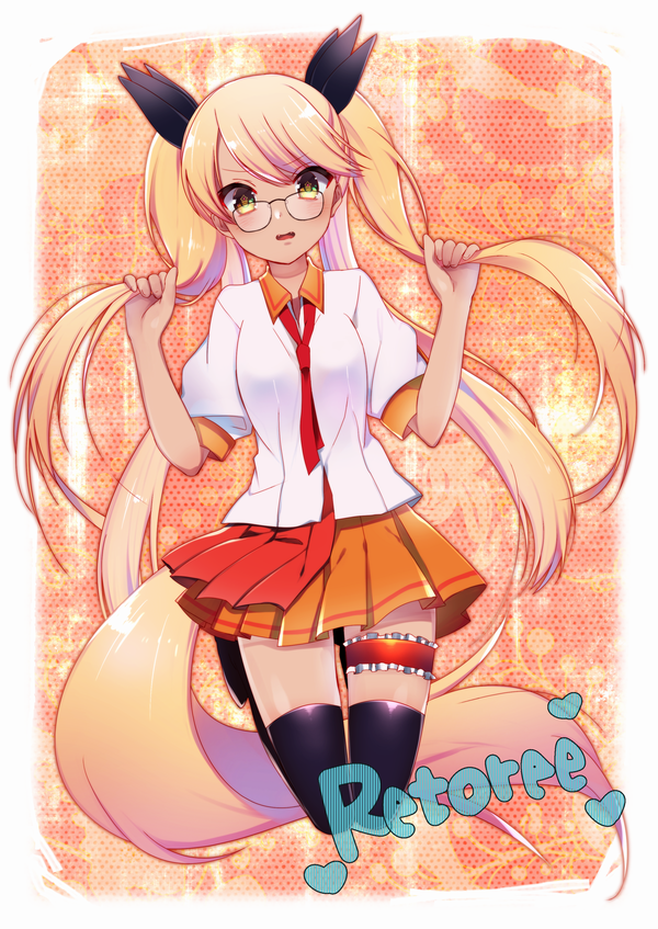 bad_id bad_pixiv_id black_legwear blonde_hair character_name dog_tail glasses leg_garter long_hair orange_skirt pleated_skirt retoree short_sleeves show_by_rock!! skirt solo star star-shaped_pupils symbol-shaped_pupils tail thighhighs tsunoshima_kujira twintails yellow_eyes zettai_ryouiki