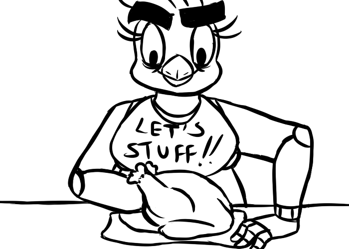 2016 animatronic anthro avian bib bird black_and_white cannibalism chica_(fnaf) chicken english_text female fisting five_nights_at_freddy's inkyfrog machine meat monochrome robot simple_background smile solo stuffing text video_games white_background