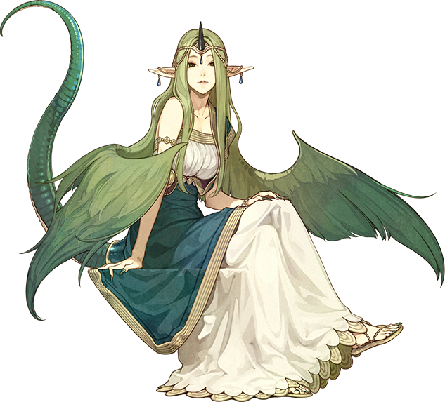 bare_shoulders bracelet breasts circlet cleavage crossed_legs dragon_tail earrings fire_emblem fire_emblem_echoes:_mou_hitori_no_eiyuuou full_body green_eyes green_hair green_wings hair_wings hidari_(left_side) horn jewelry large_breasts long_hair mila_(fire_emblem) nail_polish official_art pointy_ears sandals sitting solo tail teeth transparent_background very_long_hair wings