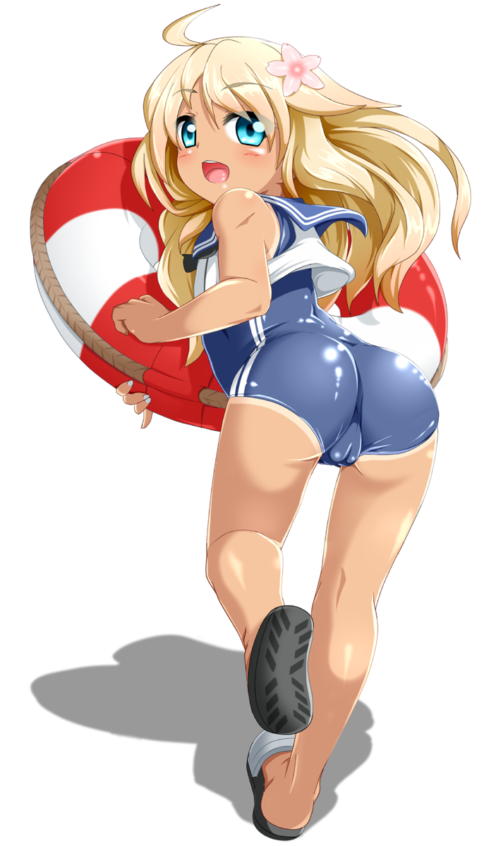 ass blonde_hair blue_eyes cameltoe crop_top flower from_behind hair_flower hair_ornament highres kantai_collection kokujuuji lifebuoy long_hair looking_at_viewer looking_back one-piece_tan open_mouth ro-500_(kantai_collection) sailor_collar sandals school_swimsuit simple_background solo swimsuit swimsuit_under_clothes tan tanline upper_teeth white_background