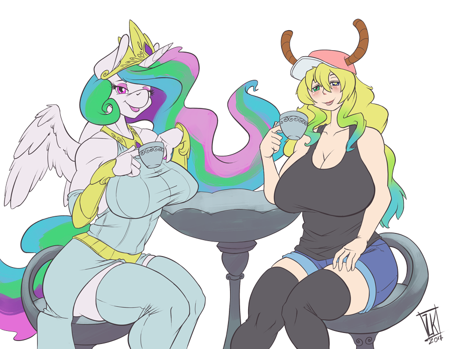 2017 animal_humanoid anthro anthrofied big_breasts breasts cleavage clothed clothing crossover cup dragon dragon_humanoid duo equine feathered_wings feathers female friendship_is_magic hair hat heterochromia holding_object horn humanoid legwear long_hair looking_at_viewer mammal miss_kobayashi's_dragon_maid multicolored_hair my_little_pony princess_celestia_(mlp) purple_eyes quetzalcoatl_(dragon_maid) simple_background sitting smile white_background white_feathers winged_unicorn wings zwitterkitsune
