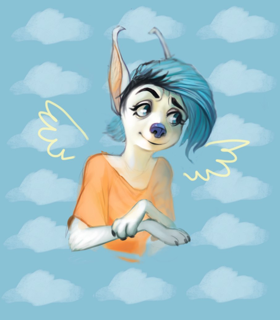 angel canine clothed clothing cloud hair invalid_tag mammal paws poisewritik wings wolf