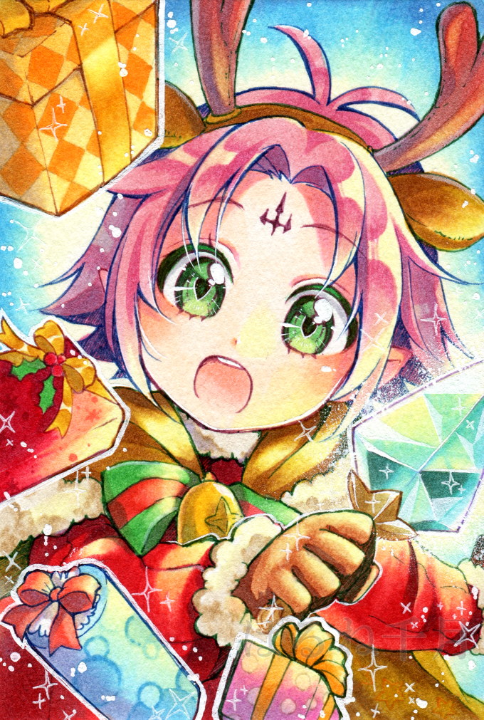 1girl antlers bell bow box brown_gloves fa facial_mark fire_emblem fire_emblem:_fuuin_no_tsurugi fire_emblem_heroes forehead_mark fur_trim gift gift_box gloves green_eyes long_sleeves mamkute nintendo open_mouth parune_chigetsu pointy_ears purple_hair reindeer_antlers short_hair solo upper_body