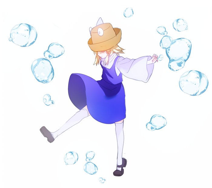 black_footwear blonde_hair brown_hat bubble closed_eyes closed_mouth hat moriya_suwako outstretched_arms purple_skirt purple_vest shirt shoes simple_background skirt skirt_set smile solo thighhighs touhou tsukimoto_aoi turtleneck vest white_background white_legwear white_shirt wide_sleeves