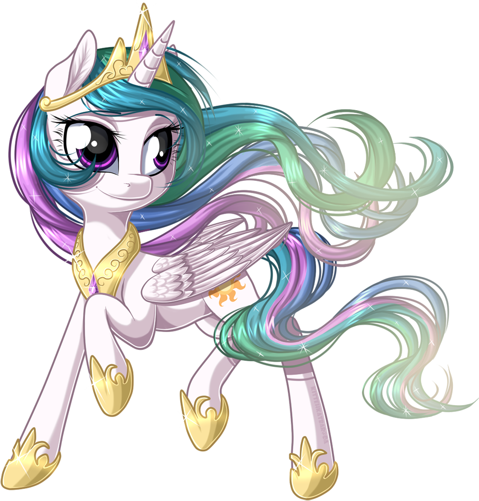 crown cutie_mark equine feathered_wings feathers feral friendship_is_magic fur hair horn jewelry kittehkatbar mammal multicolored_hair multicolored_tail my_little_pony princess_celestia_(mlp) purple_eyes royalty simple_background smile solo tiara white_fur winged_unicorn wings