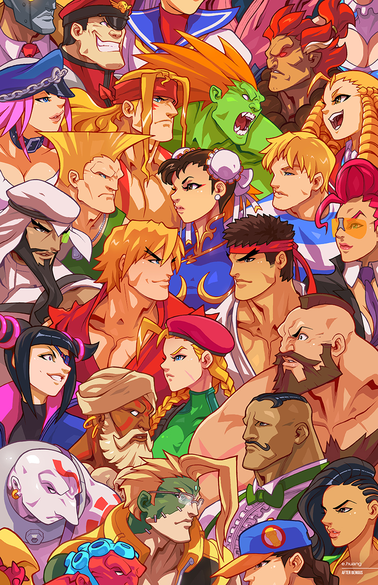 6+girls alex_(street_fighter) asymmetrical_hair belt_collar beret blanka cammy_white charlie_nash chest_hair chun-li cody_travers commentary crimson_viper dark_skin dudley edwin_huang effie everyone evil_smile eye_contact eyepatch facial_hair final_fight gouki guile hakan han_juri hat head_out_of_frame headband hibiki_dan highres kanzuki_karin kasugano_sakura keffiyeh ken_masters laura_matsuda looking_at_another marvel_vs._capcom mask mohawk multiple_boys multiple_girls mustache necro_(street_fighter) poison_(final_fight) q_(street_fighter) rainbow_mika rashid_(street_fighter) ryuu_(street_fighter) scar smile street_fighter street_fighter_ii_(series) street_fighter_iii_(series) street_fighter_iv_(series) street_fighter_v street_fighter_zero_(series) tattoo turban vega yang_lee zangief