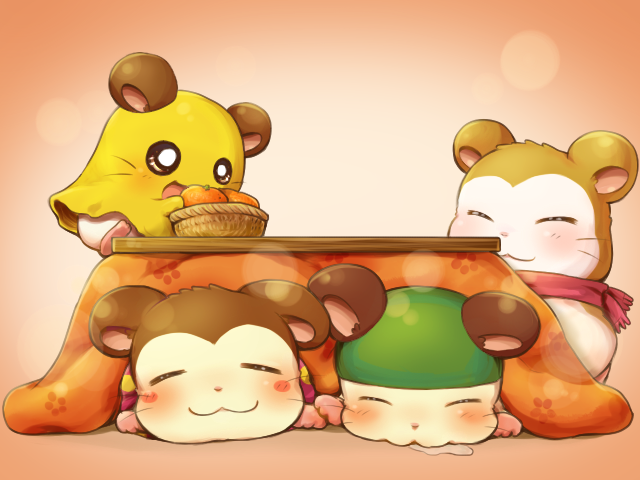 :3 basket bedding blanket blush brown_fur cappy cloth drooling eyes_closed female feral food fruit fur hamster hamtaro_(series) hat huyumikann_(artist) male mammal open_mouth orange_(fruit) pashmina penelope_(hamtaro) rodent saliva simple_background sleeping snoozer table white_fur