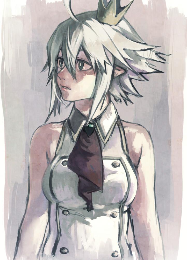 ahoge androgynous arms_at_sides bare_shoulders breasts brown collarbone cravat crown double-breasted expressionless hair_between_eyes lips looking_to_the_side medium_breasts original parted_lips pointy_ears short_hair shousan_(hno3syo) sidelocks silver_hair simple_background sketch sleeveless solo upper_body wing_collar